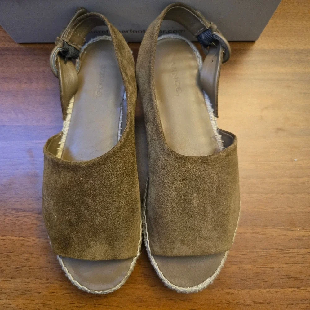 Vince Linton Suede Espadrille Slingback Sandals Olive Wood 7M Neutral Minimalist
